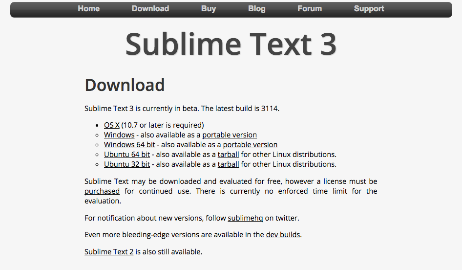 Sublime Text 下载页面。Windows 系统有 portable 版本方便移动使用